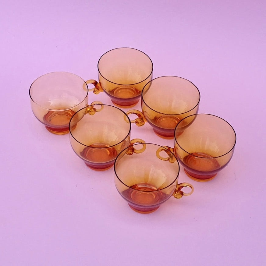 Vintage, mouth blown set of amber 6 cups/glasses