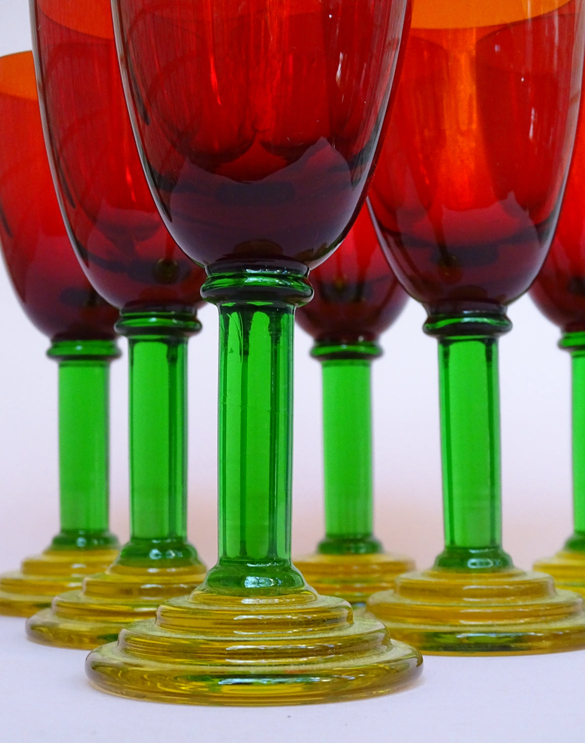 Vintage, set of 6 tall glasses with green stems for wine