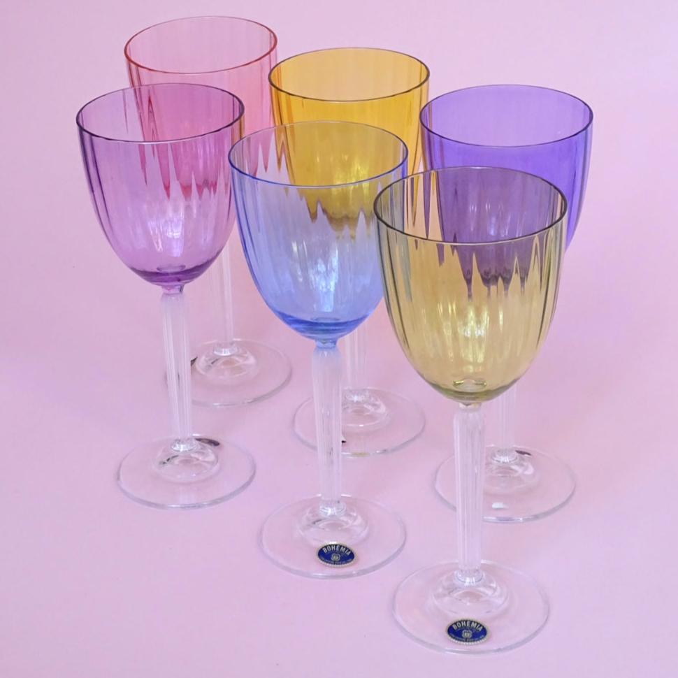 Vintage, set of 6 colorful crystal glasses for wine
