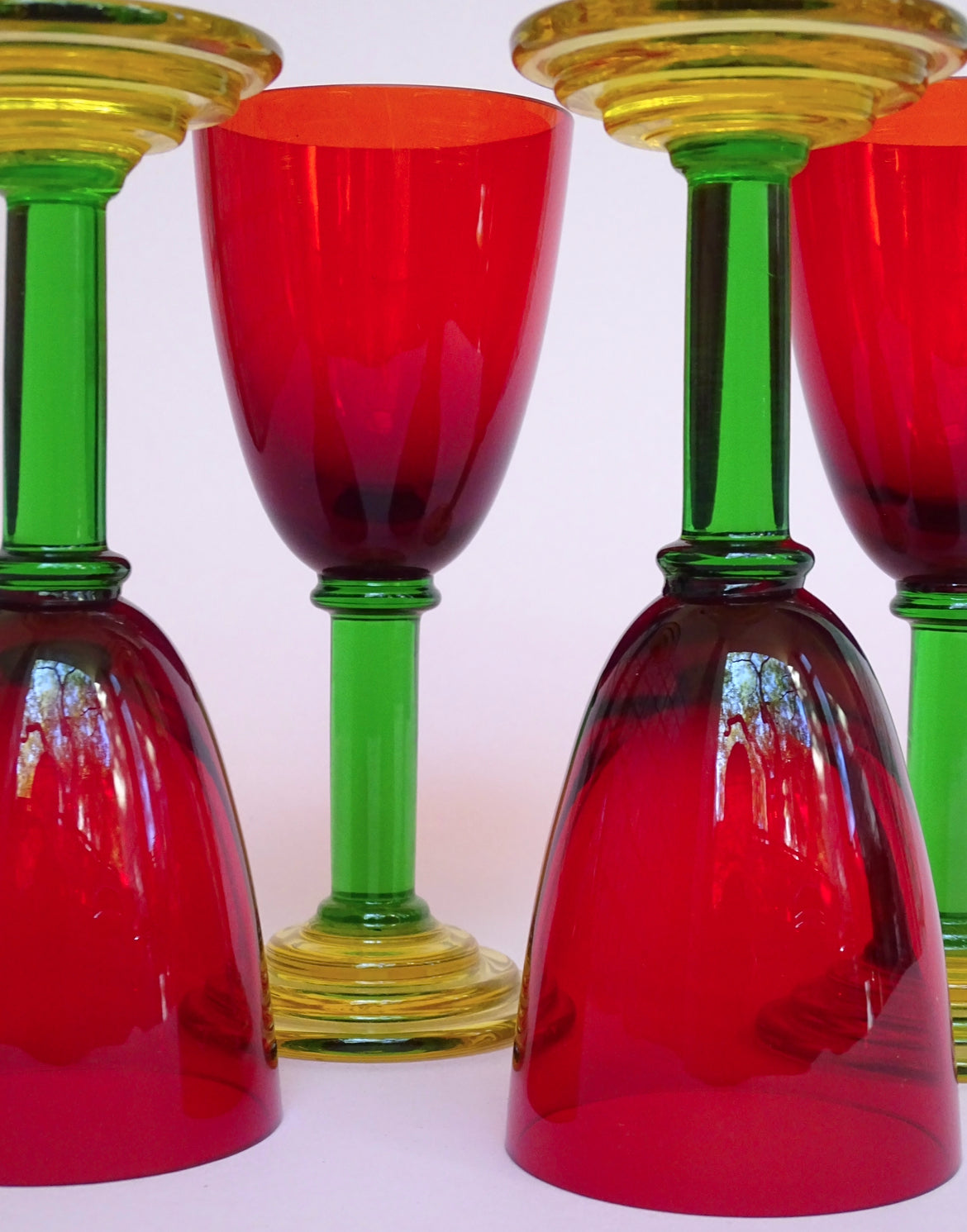 Vintage, set of 4 tall glasses with green stems for wine