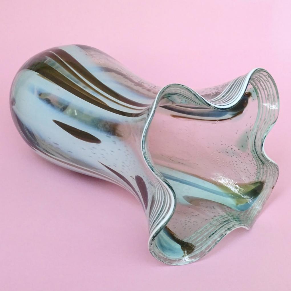 Glass white cloud, ruffle, handmade, vintage vase