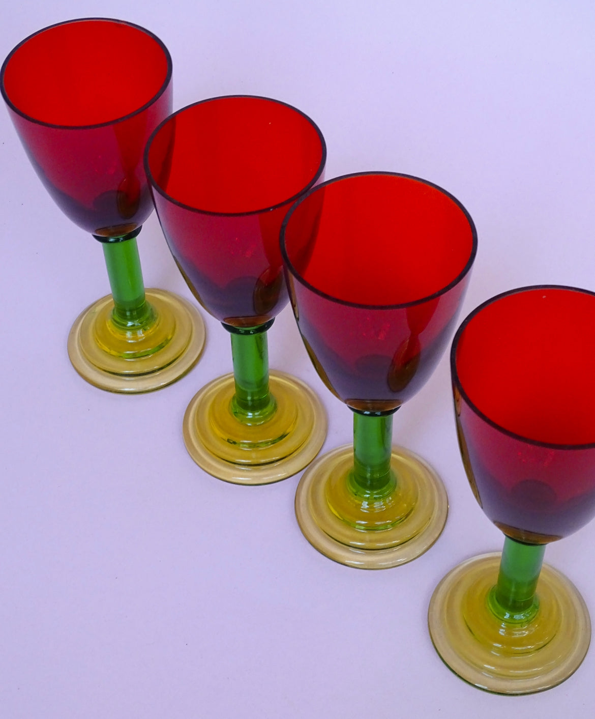 Vintage, set of 4 tall glasses with green stems for wine