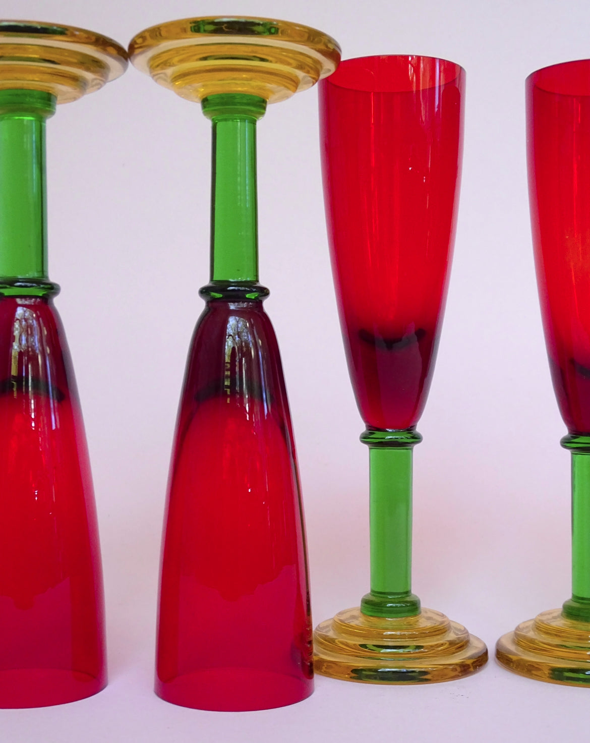 Vintage, set of 4 tall glasses with green stems for sparkling wine