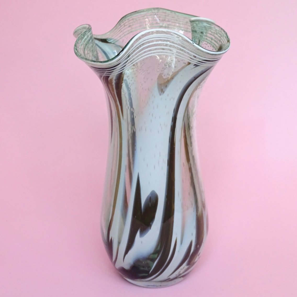 Glass white cloud, ruffle, handmade, vintage vase