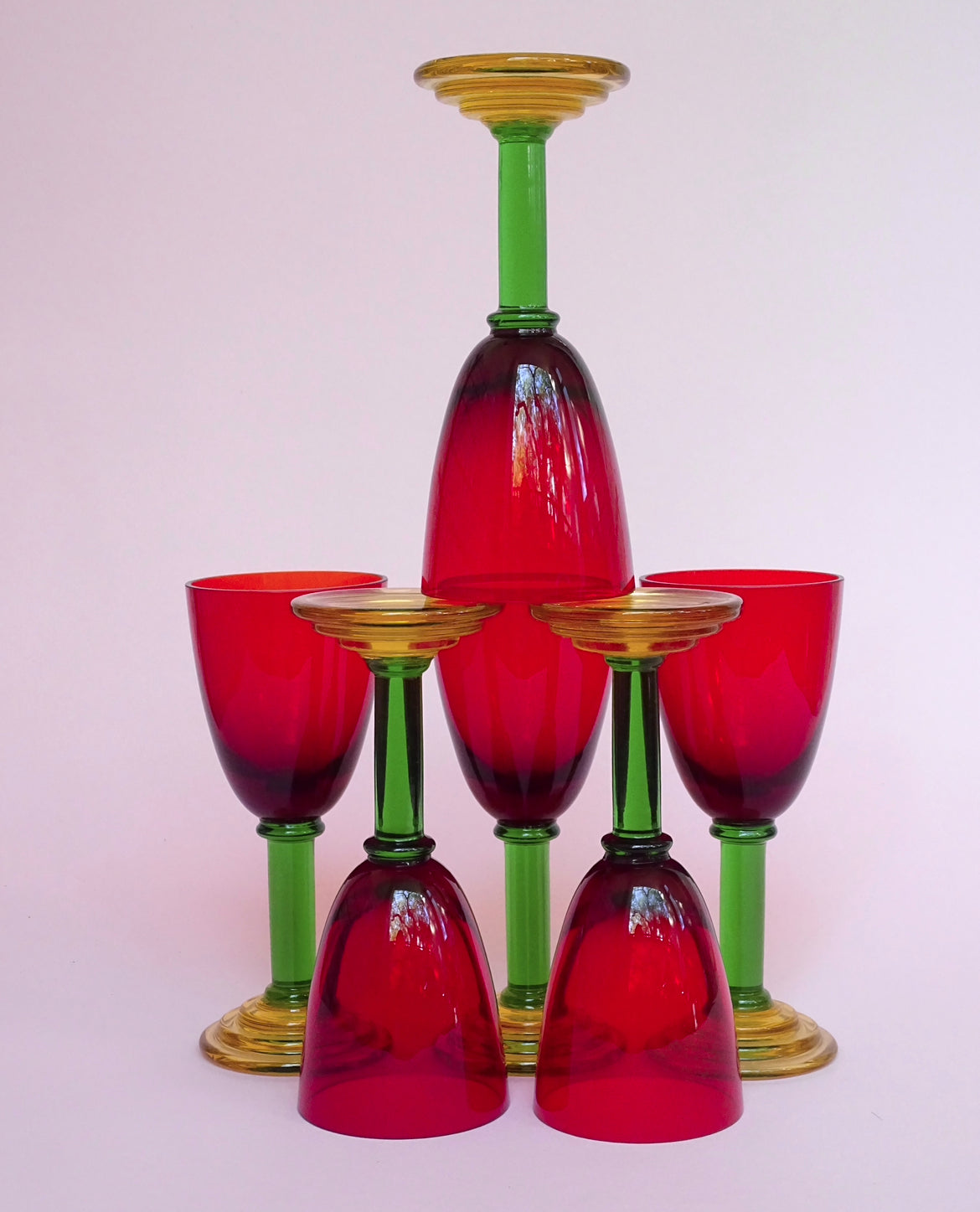 Vintage, set of 6 tall glasses with green stems for wine