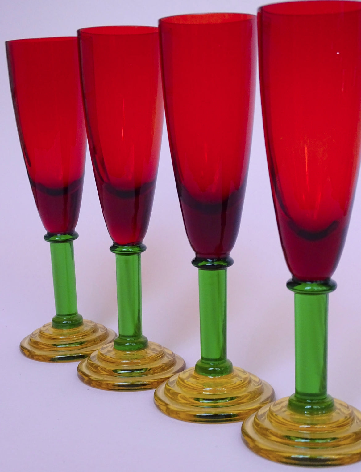 Vintage, set of 4 tall glasses with green stems for sparkling wine