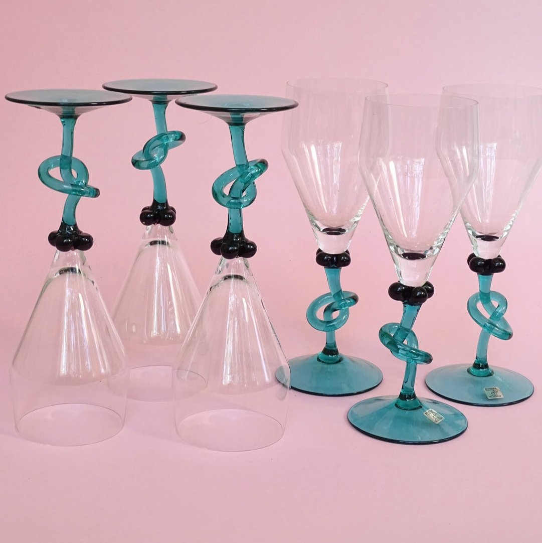 Mouth blown, tall, crystal, handmade, vintage, set of 6 glasses