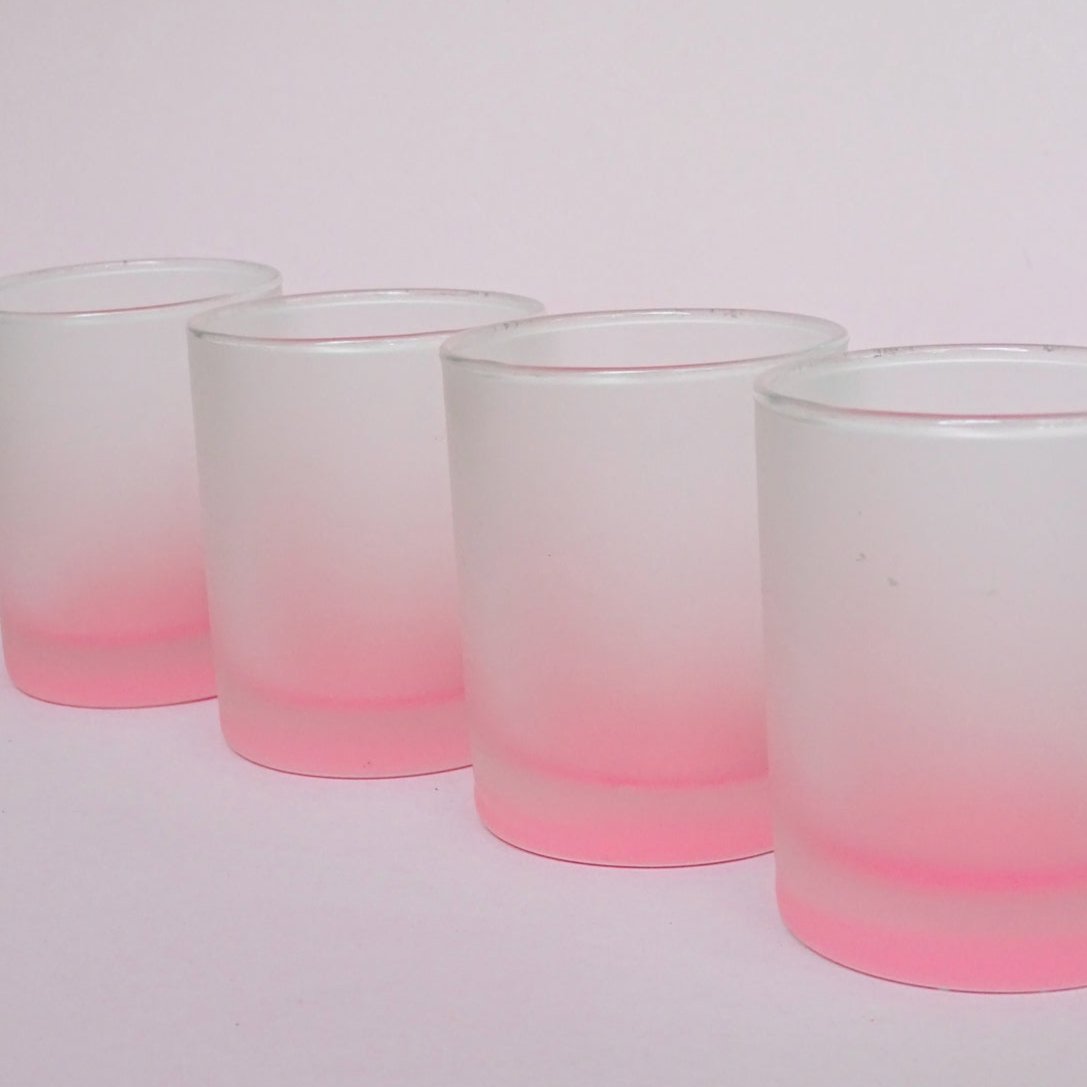 Frosted, vintage, set of 4 water glasses with pink details