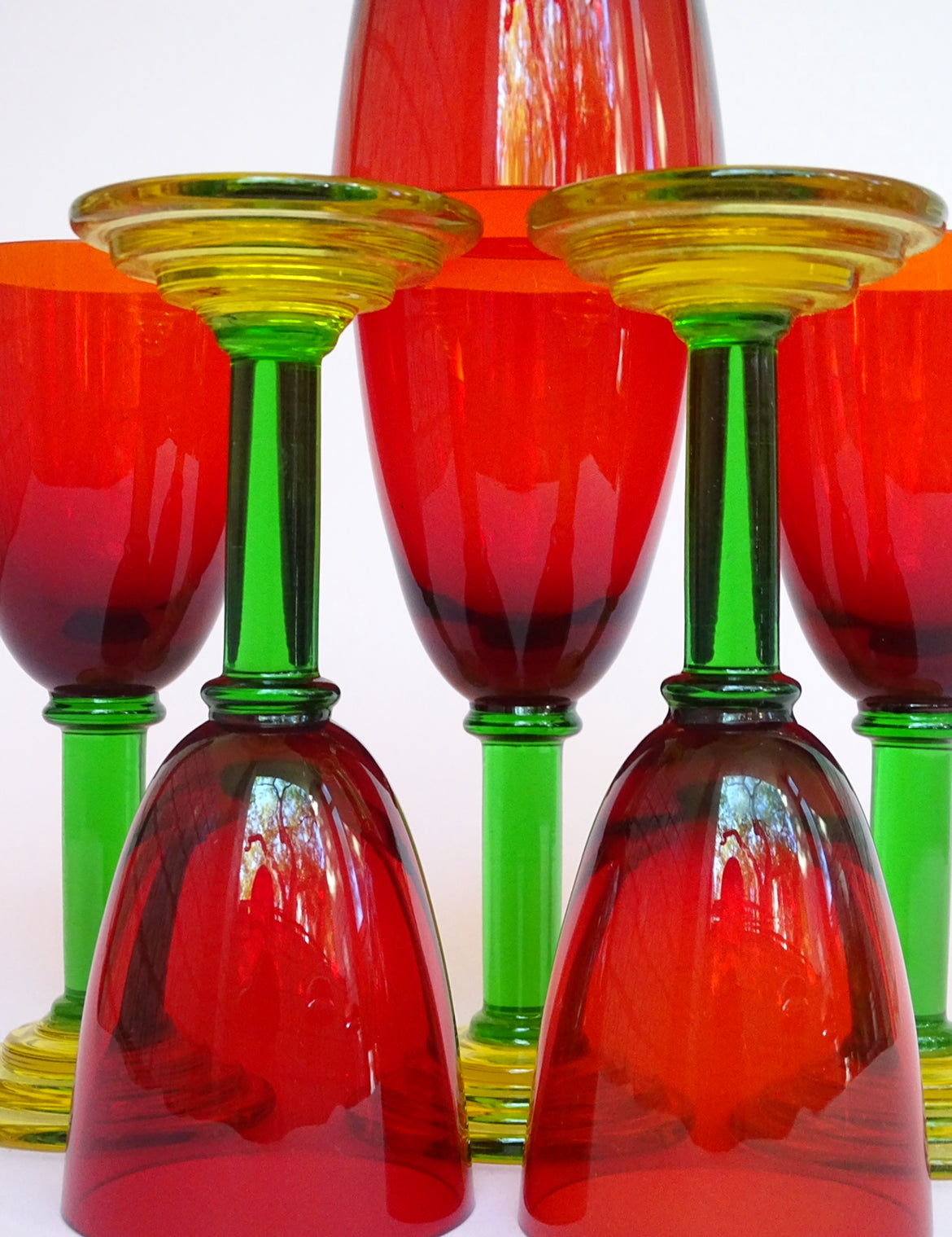 Vintage, set of 6 tall glasses with green stems for wine