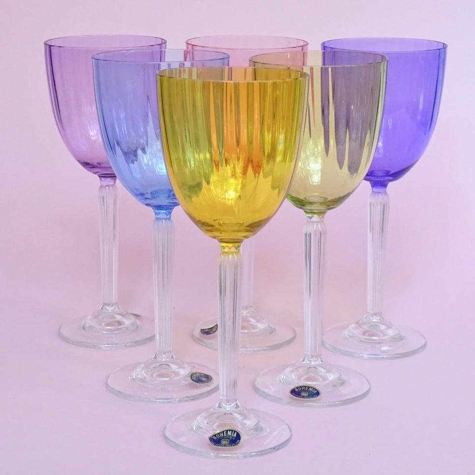 Vintage, set of 6 colorful crystal glasses for wine