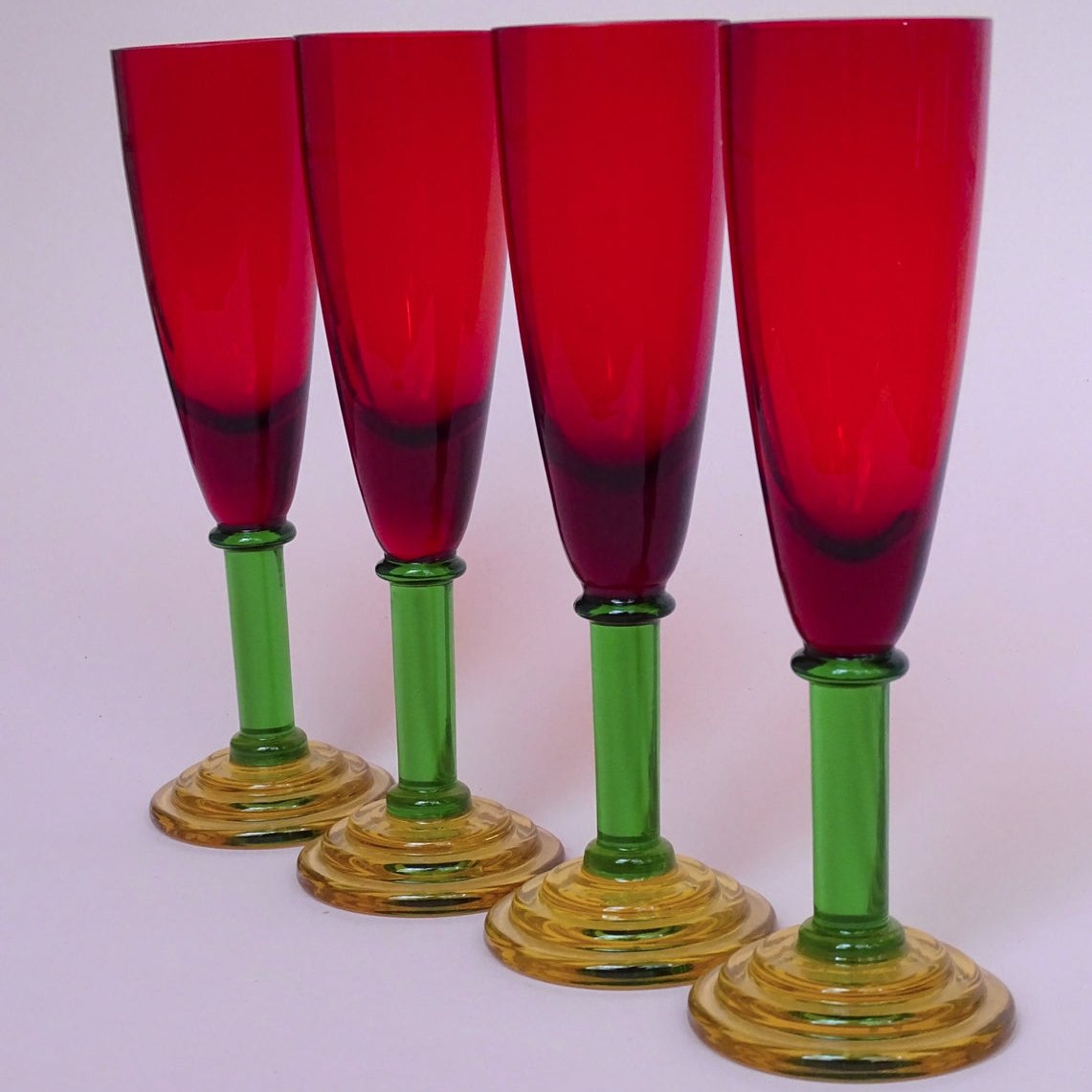 Vintage, set of 4 tall glasses with green stems for sparkling wine