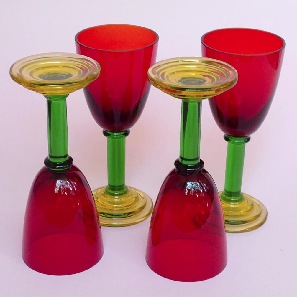 Vintage, set of 4 tall glasses with green stems for wine