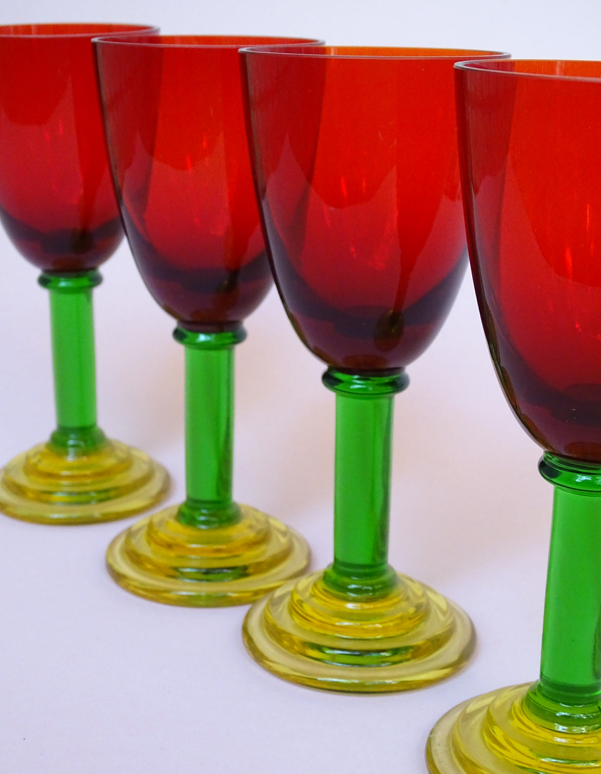 Vintage, set of 4 tall glasses with green stems for wine