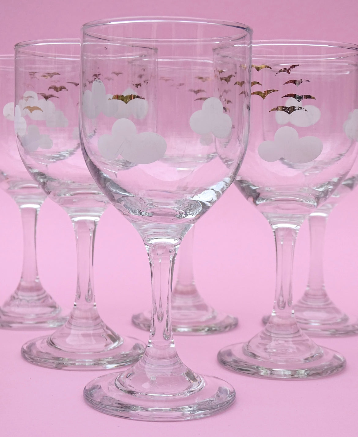 Vintage, set of 6 crystal glasses with white stems for wine