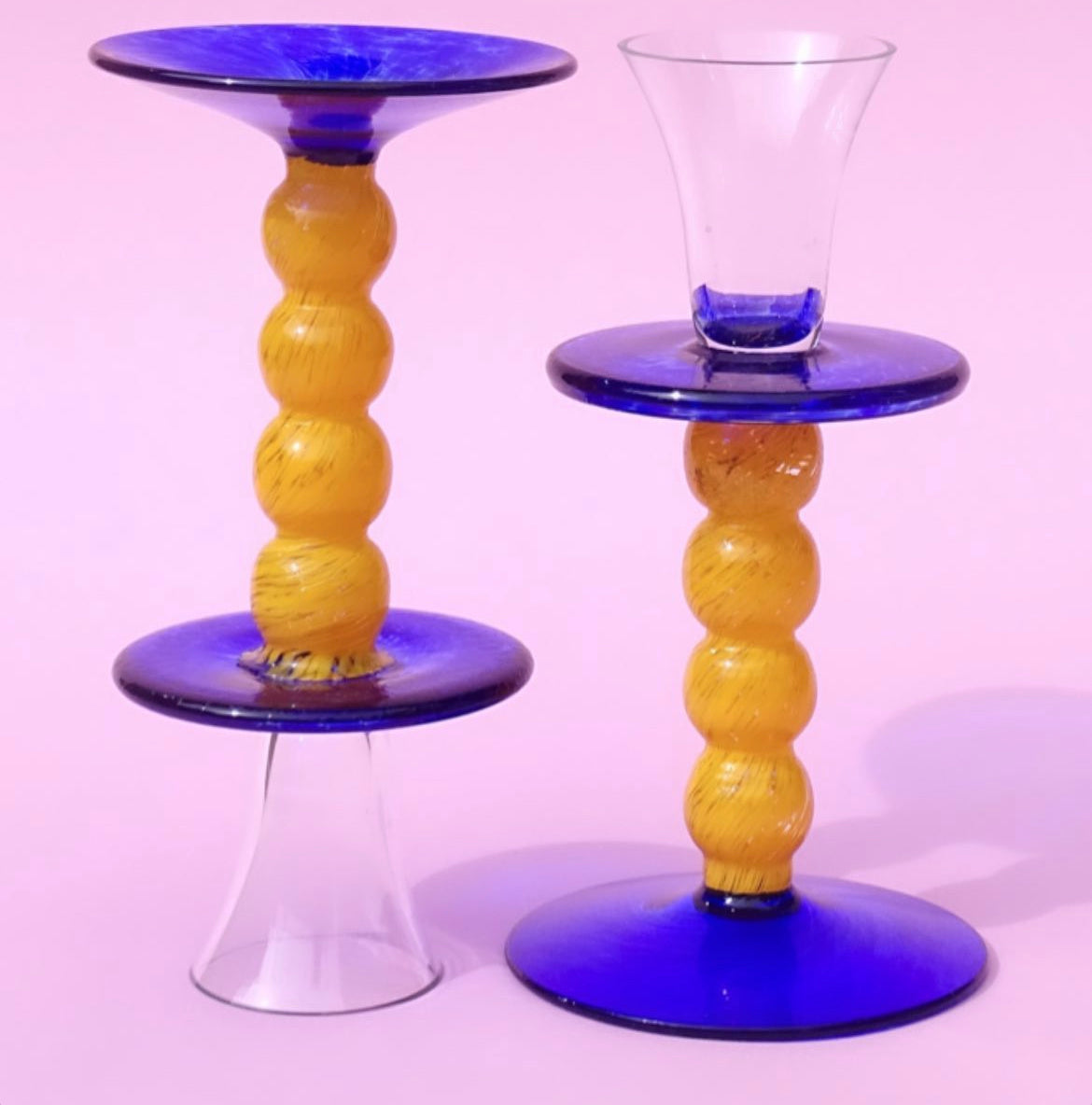 Vintage, handmade, yellow-blue, beautiful candlesticks