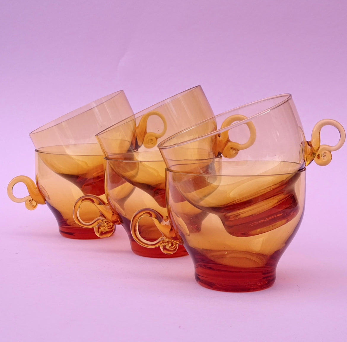 Vintage, mouth blown set of amber 6 cups/glasses