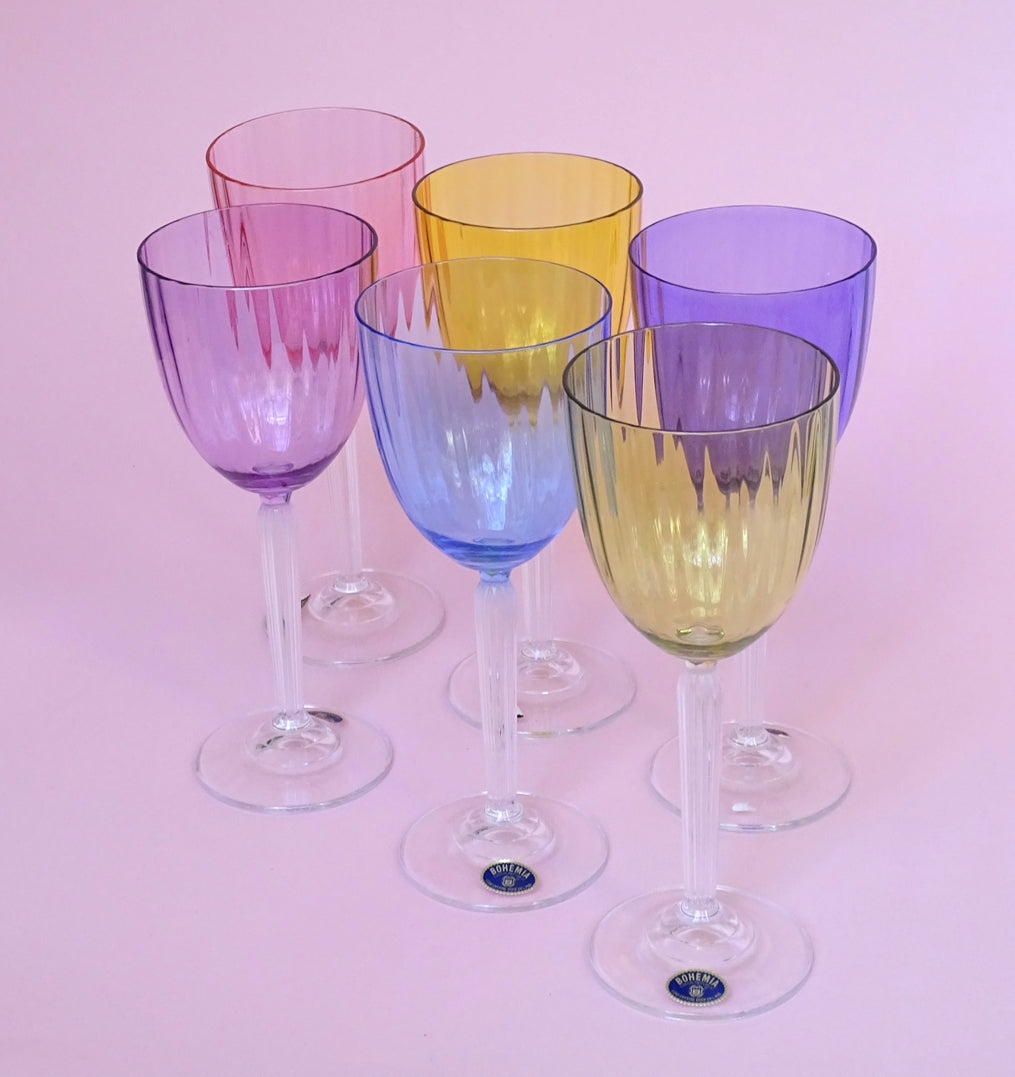 Vintage, set of 6 colorful crystal glasses for wine