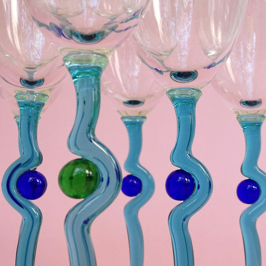 Azure, vintage, mouth blown set of 6, tall glasses for wine