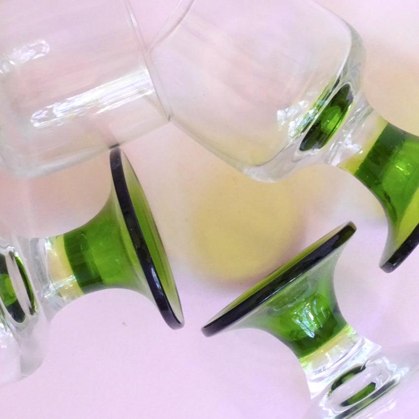 Vintage, set of 4 glasses with green stems for wine/water