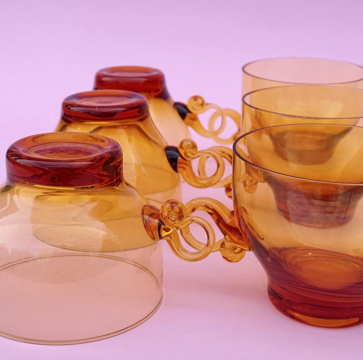 Vintage, mouth blown set of amber 6 cups/glasses