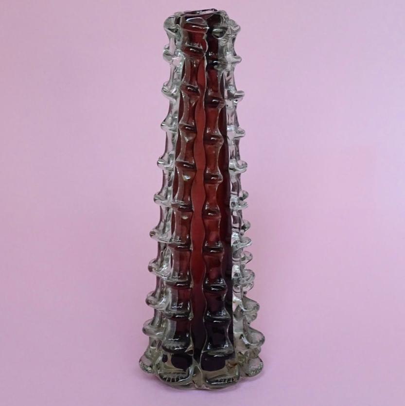 Mouth-blown, delicate, purple vintage vase