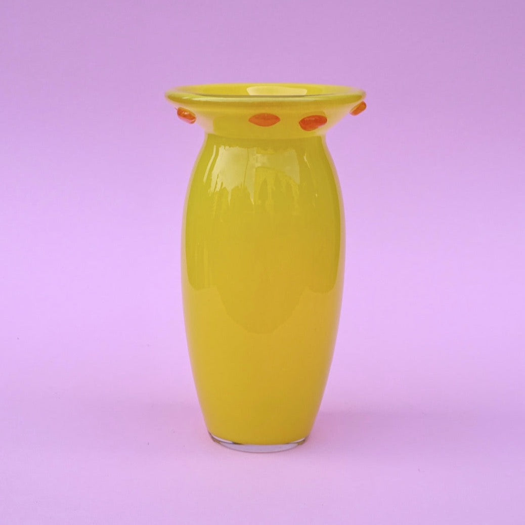 Mouth-blown, vintage yellow vase with orange details