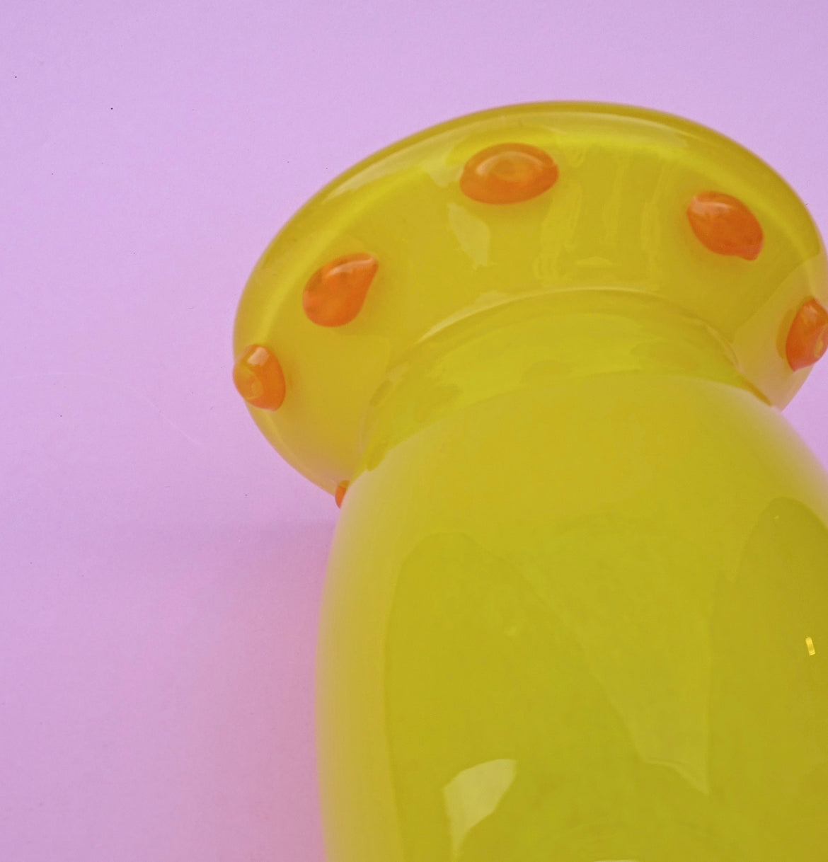 Mouth-blown, vintage yellow vase with orange details