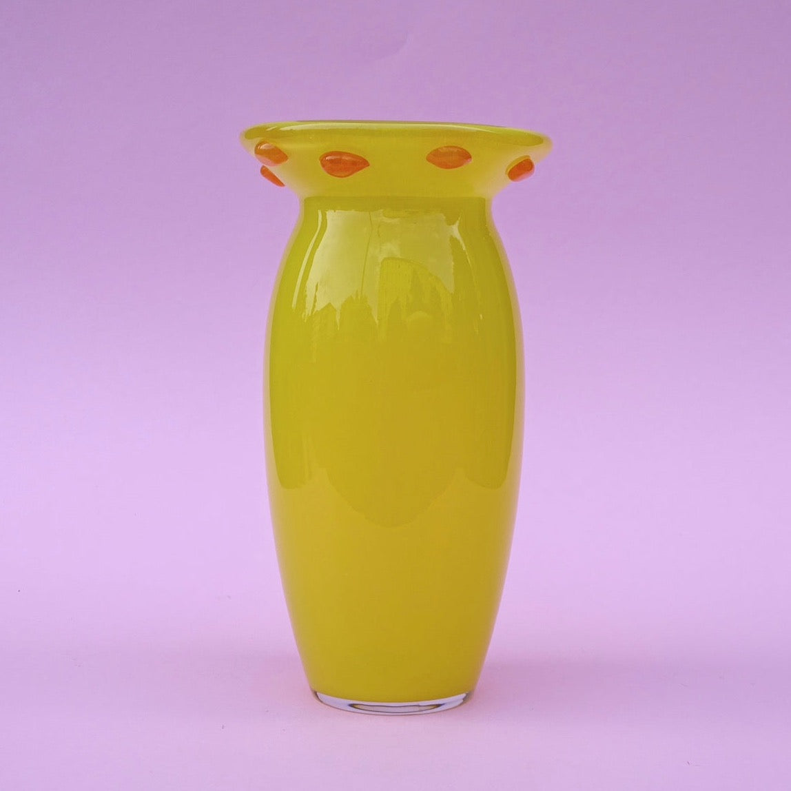 Mouth-blown, vintage yellow vase with orange details