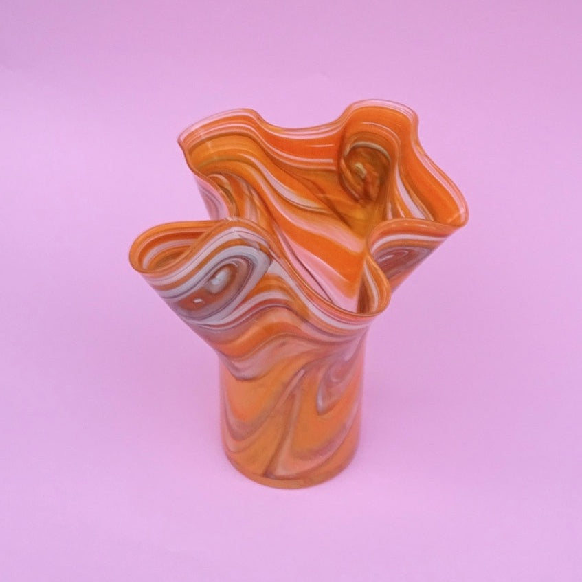 Vintage, orange vase, ruffle, tall, handmade