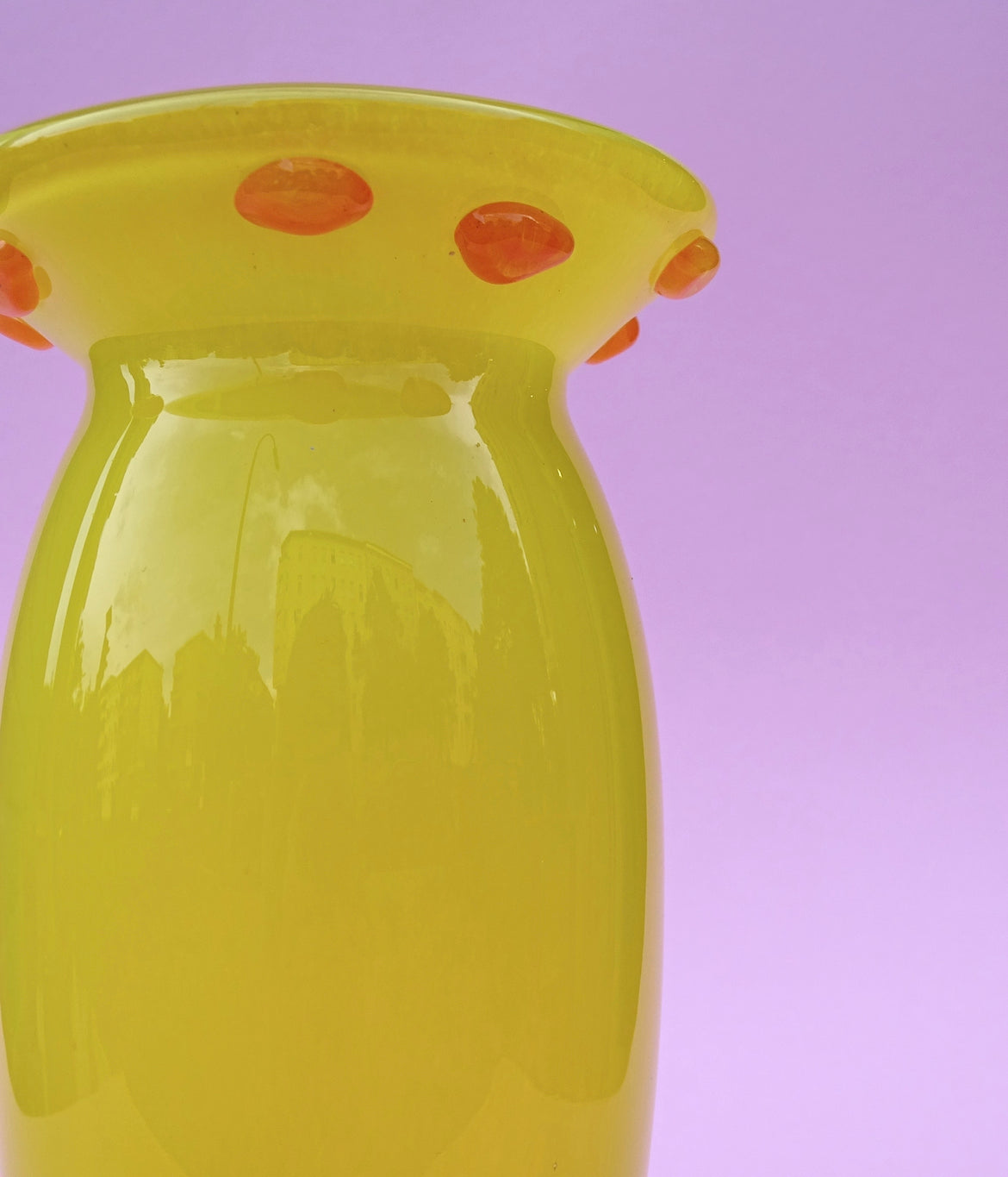 Mouth-blown, vintage yellow vase with orange details