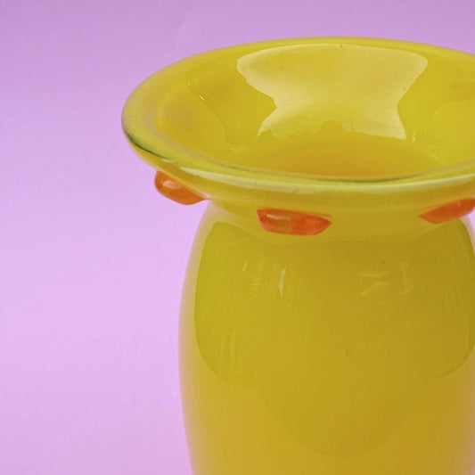 Mouth-blown, vintage yellow vase with orange details