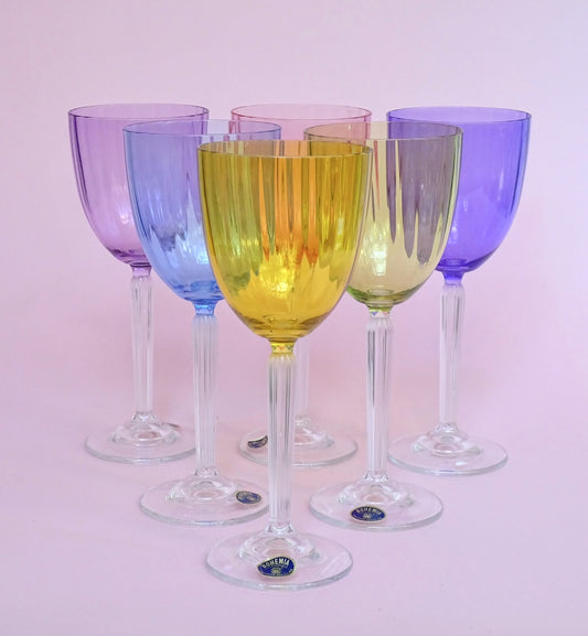 Vintage, set of 6 colorful crystal glasses for wine