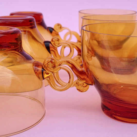 Vintage, mouth blown set of amber 6 cups/glasses