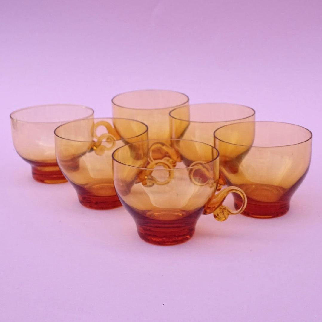 Vintage, mouth blown set of amber 6 cups/glasses