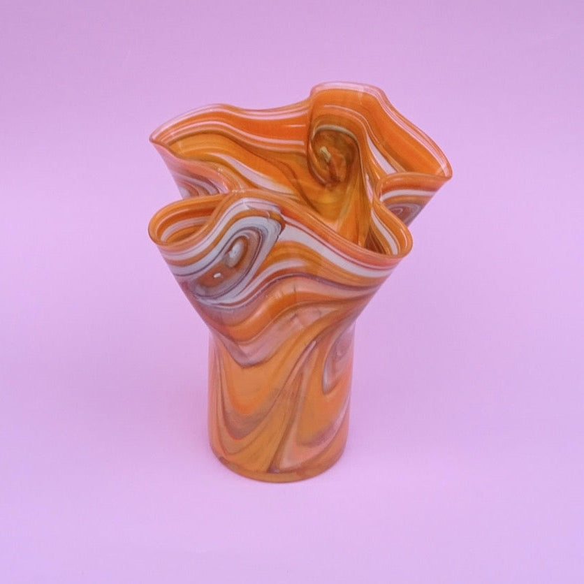 Vintage, orange vase, ruffle, tall, handmade