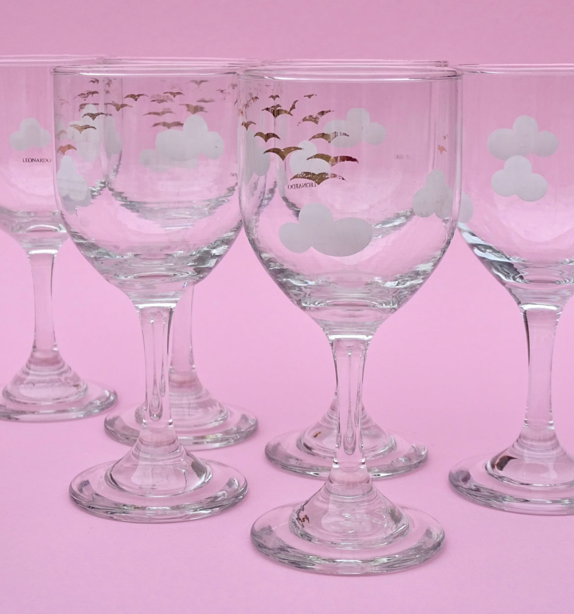 Vintage, set of 6 crystal glasses with white stems for wine