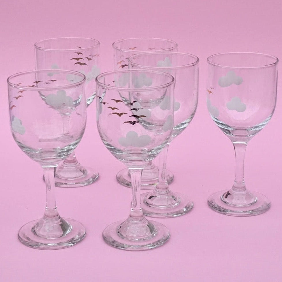 Vintage, set of 6 crystal glasses with white stems for wine