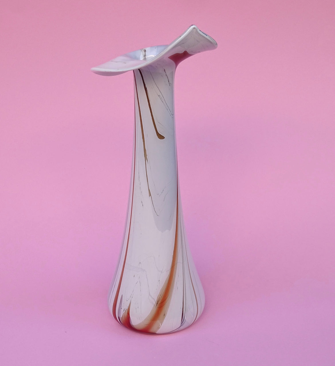 Vintage, white, tall vase with colorful lanes