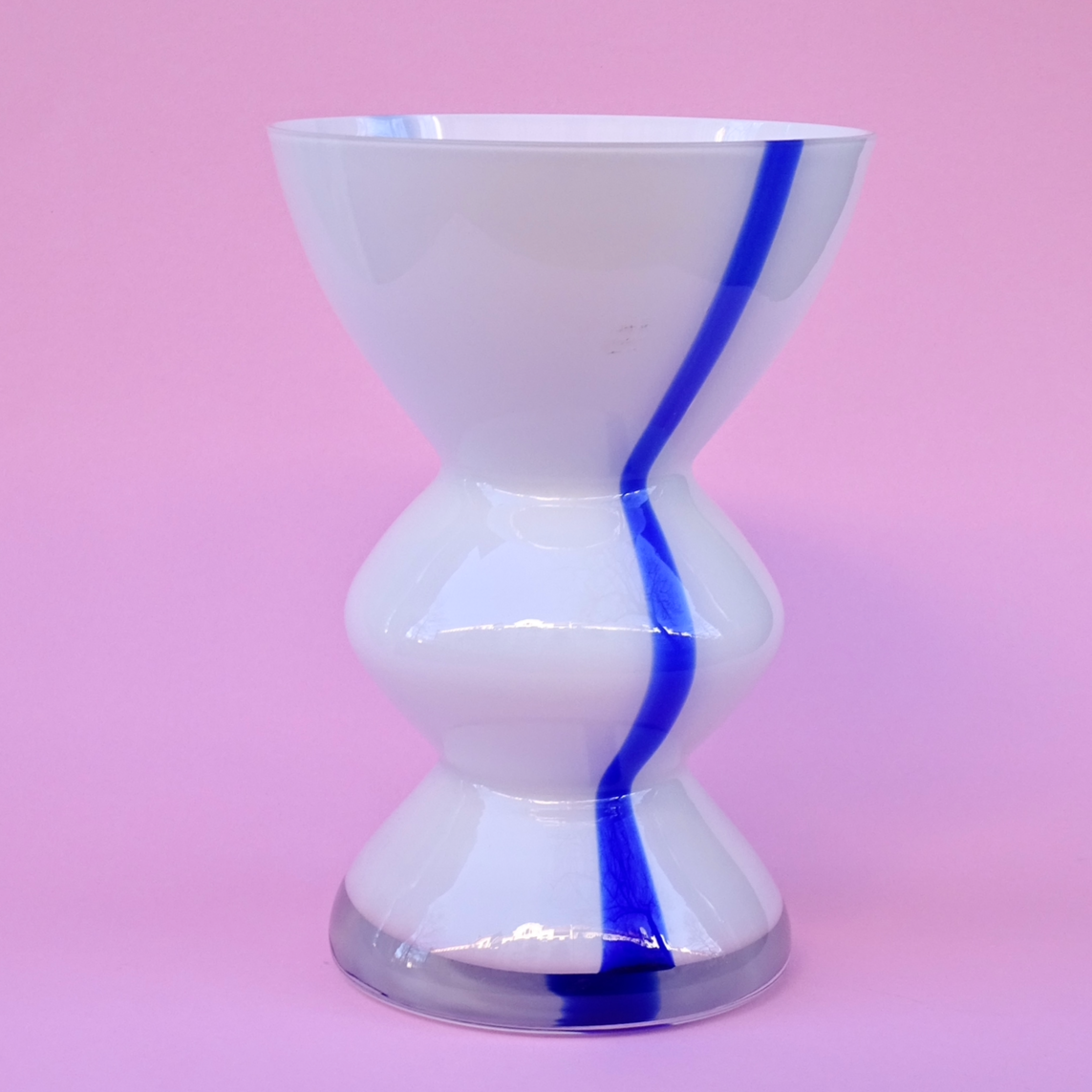 Vintage, white tall vase with blue lane