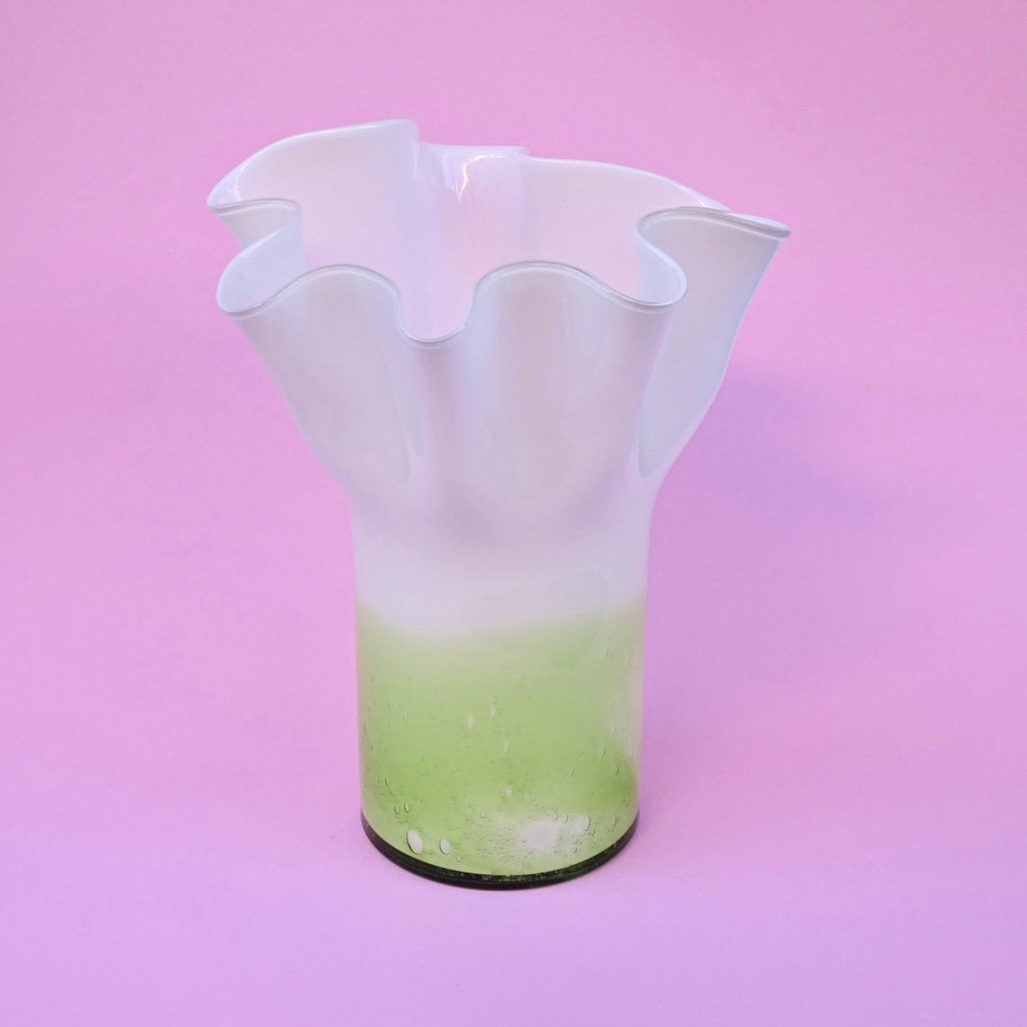 Vintage, tall green-white, ruffle, handmade vase