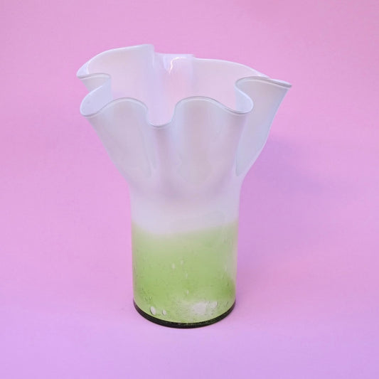 Vintage, tall green-white, ruffle, handmade vase